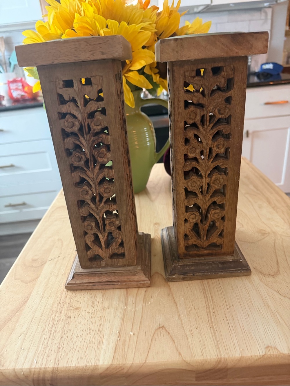 Hand-Carved Brown Wooden Candle Holders — Decorative Pair